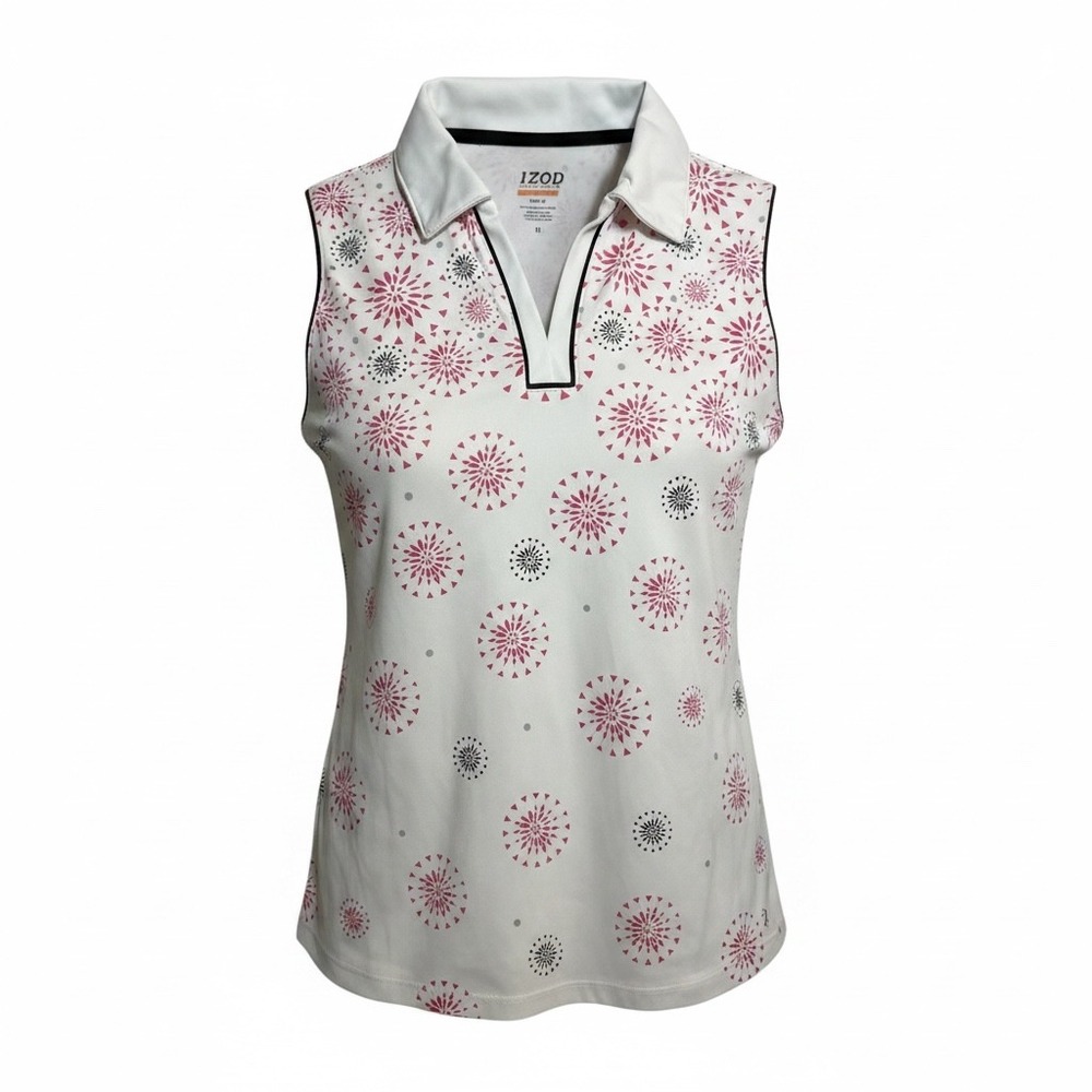 IZOD Golf Polo Shirt Womens XL White Pink Sleeveless Geometric Floral Excellent